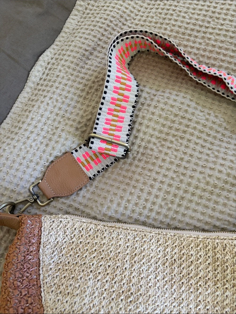 Anthropologie Woven Half-Moon Crossbody Bag with Colorful Strap